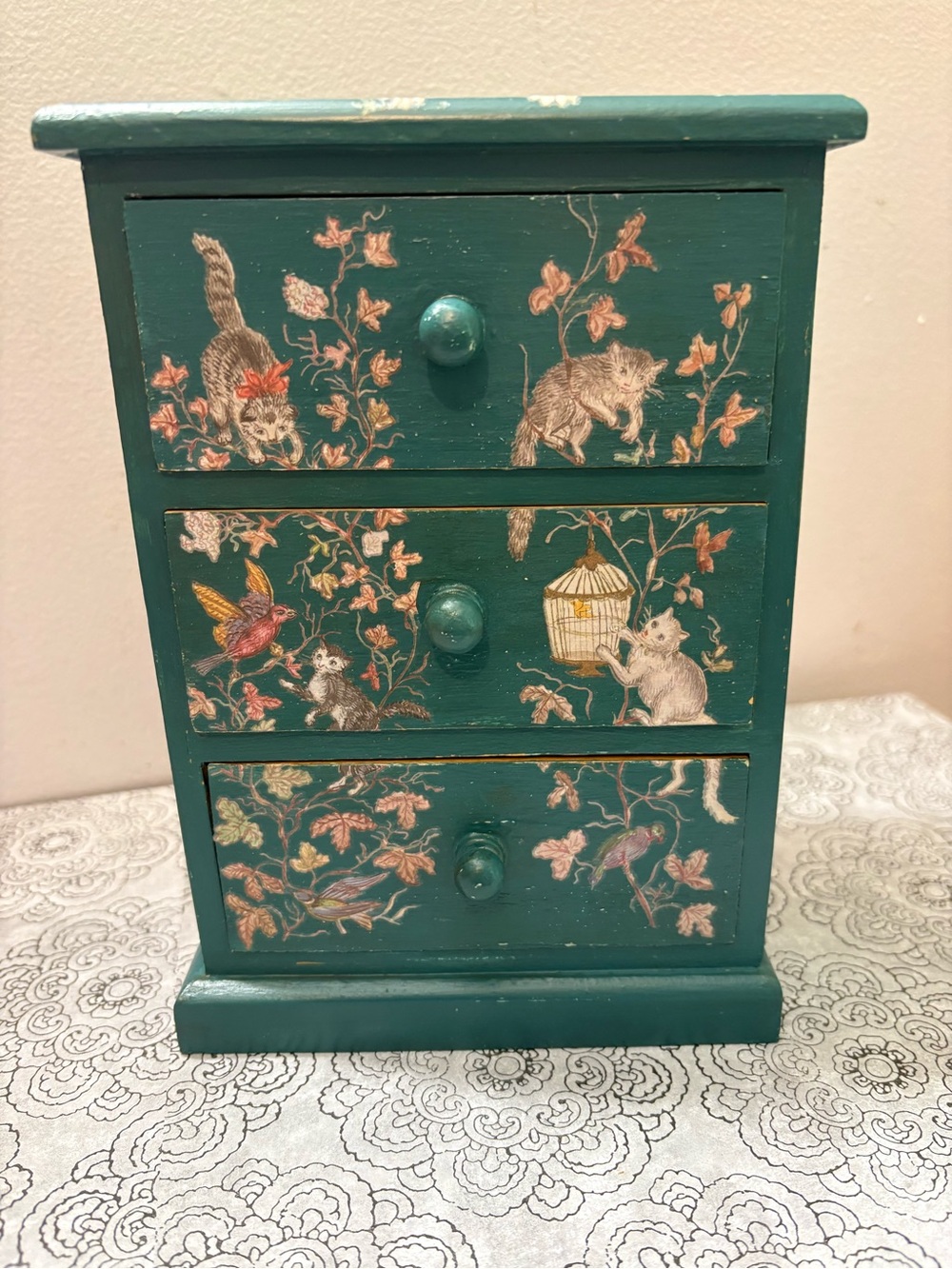 Teal Jewelry Chest with Cat & Bird Motif